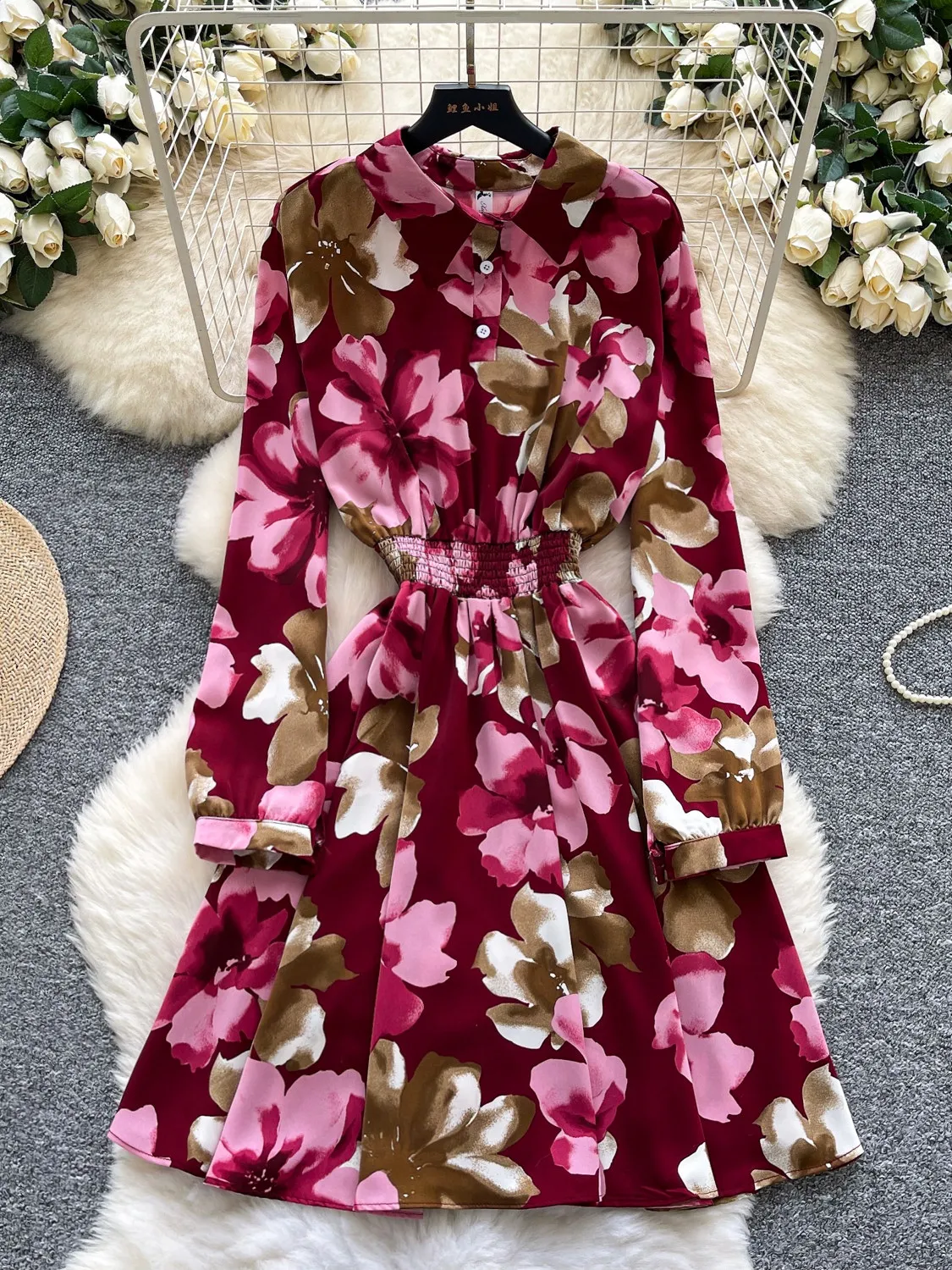 Femmes automne français chemise robe rétro imprimé tempérament Floral à la mode taille élastique cintré Mini robes femme DS284