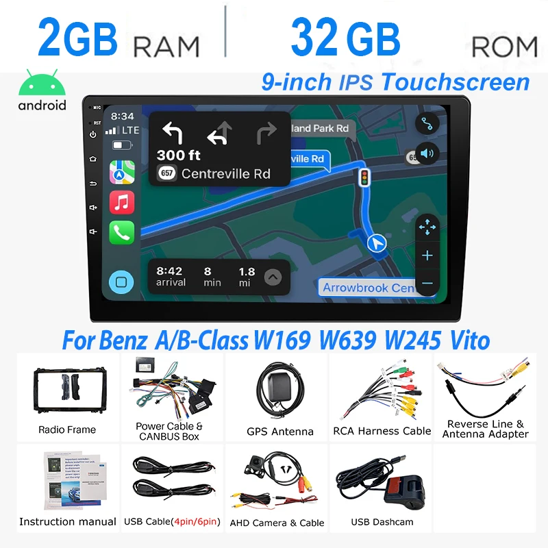 Autoradio ESSGOO Android 15 9 Inch 4+64G voor Mercedes Benz W169 W245 B200 W906 Sprinter W639 Vito met Draadloze CarPlay Android Auto GPS Navigatie Wifi RDS FM Bluetooth Stuurwielbediening Mirror Link