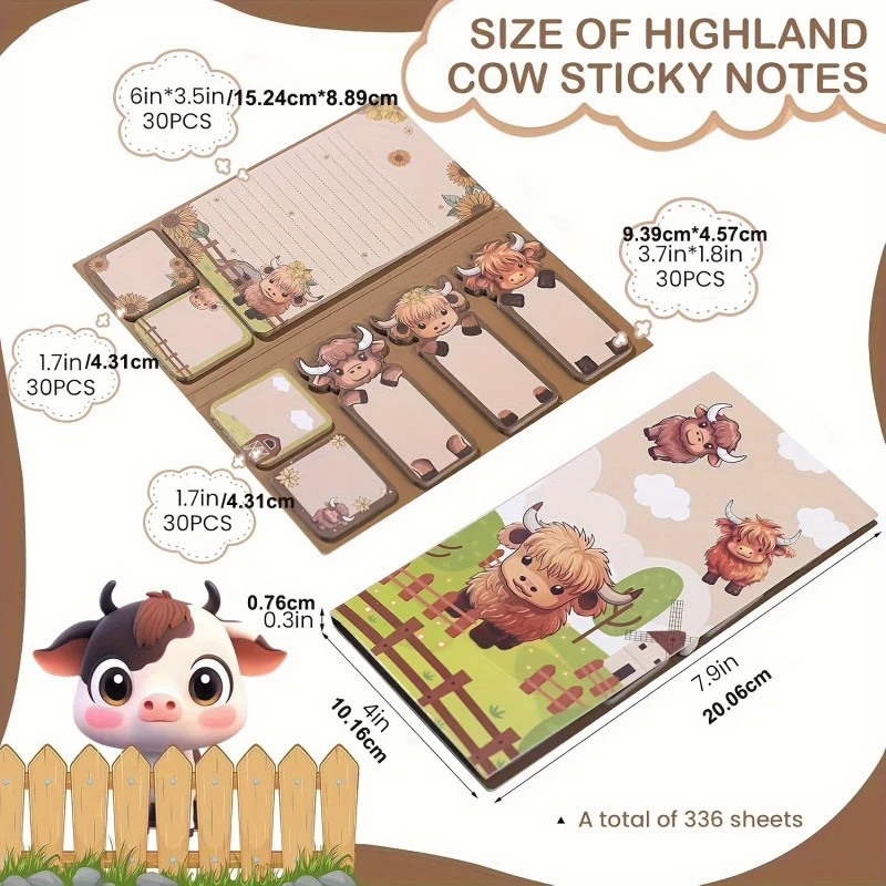 Highland Cow Set Includes（1 High-Quality Cow Sticky Notes + 1 High-Quality Cow Ballpoint Pen），336Zhang 8 Design Self-Adhesive An