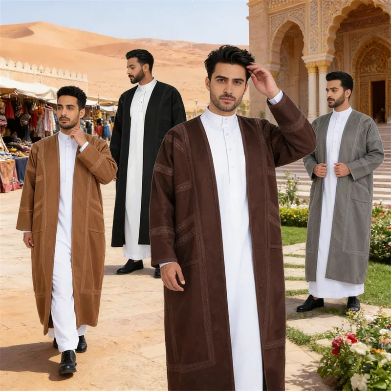 Thickened Extended Men's Suede Long Robe Cardigan Warm Pocket Winter Coat Muslim Gown Jubba Thobe Abaya Dishdasha Clothing