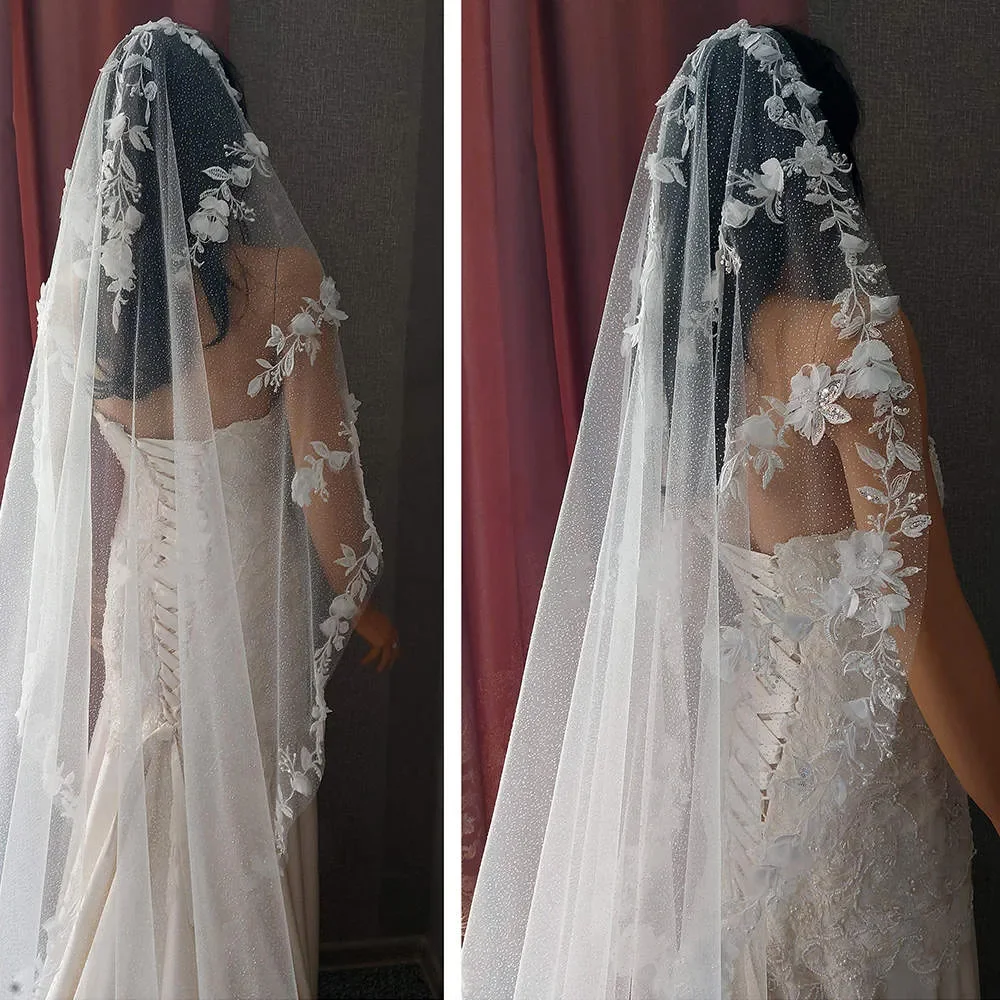 

Exquisite Wedding Veil 3D Appliques Beaded One Layer Long Chapel Length Veils Applique Edge Custom Made Bridal Accessories