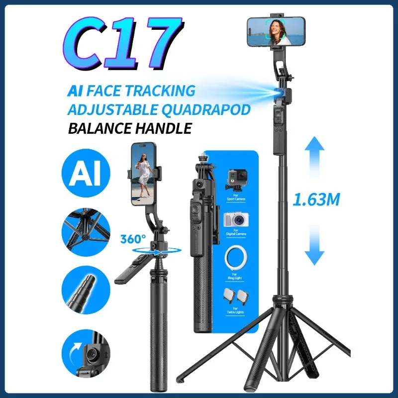 

Штатив C17 Gimbal для селфи-палки для телефона 360° ° Автоматическое вращение AI Отслеживание лица Анти-тремтящийся четырехъядерный стабилизатор с дистанционным управлением
