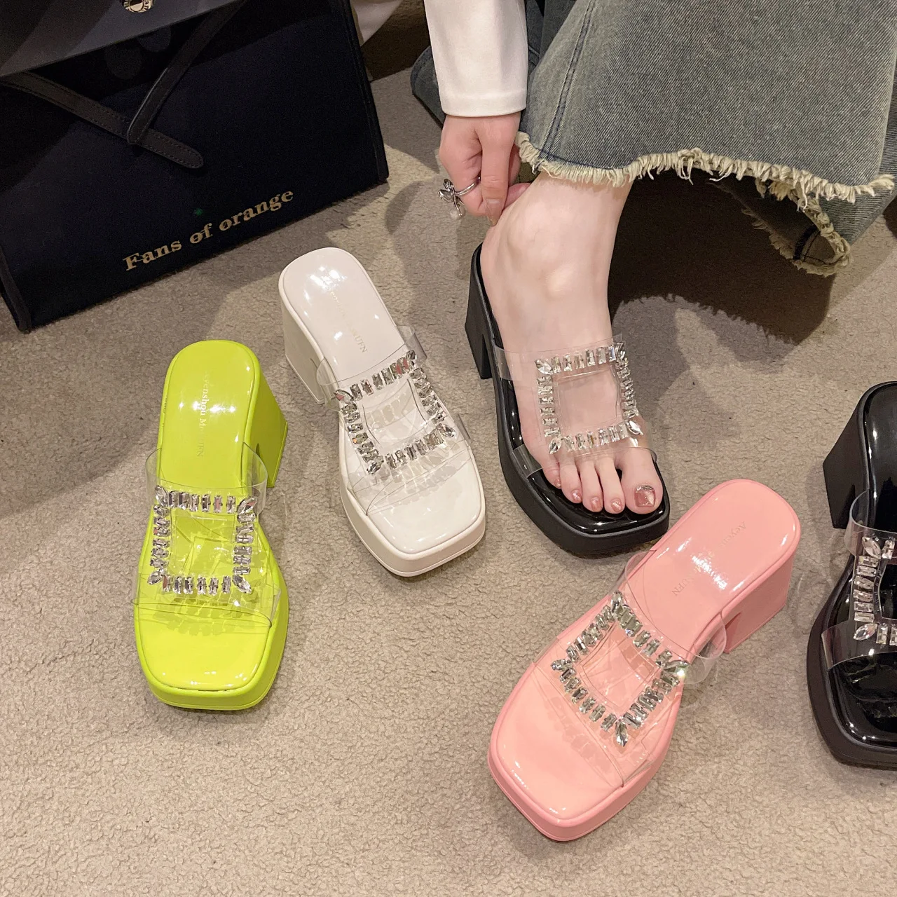 

Female Shoes Slippers Heels Slides Jelly Flip Flops Low Big Size Platform Square Toe 2024 High Glitter Crystal Rome Pumps PU Fab