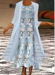 Women's Elegant Loose Printed Cardigan 2 Piece Dress Autumn New Female Fashion Floral Print Straight Long Dresses For Women Set
