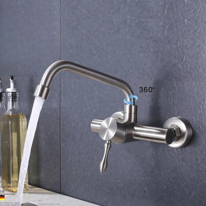 

Смесители для кухни, настенный смеситель для раковины с одной ручкой, кран из нержавеющей стали для горячей и холодной воды, смеситель для ванной комнаты с двойным отверстием