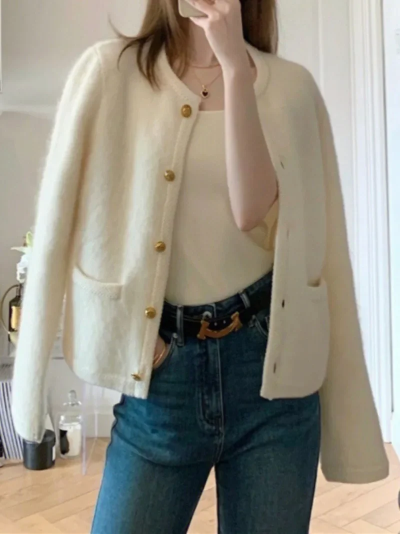 Women New White Single Breasted Knitted Cardigans O-Neck Solid Colors Knit Jackets Spring Autumn Warm Slim Chic Casual Cardigans