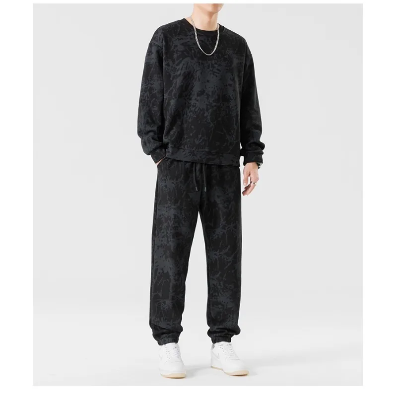 Men's Spring and Autumn Pullover Round Neck Long-sleeved Top Printed Sweatshirt Sports Leggings Casual Versatile Fashion Suit