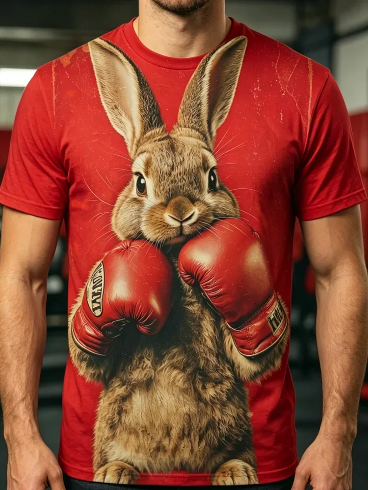 3D Boxing Rabbit Print Men's T-shirt Funny Bunny Graphic T Shirt for Men Animal Tee Trend Street Man Clothes Summer Sports Tops