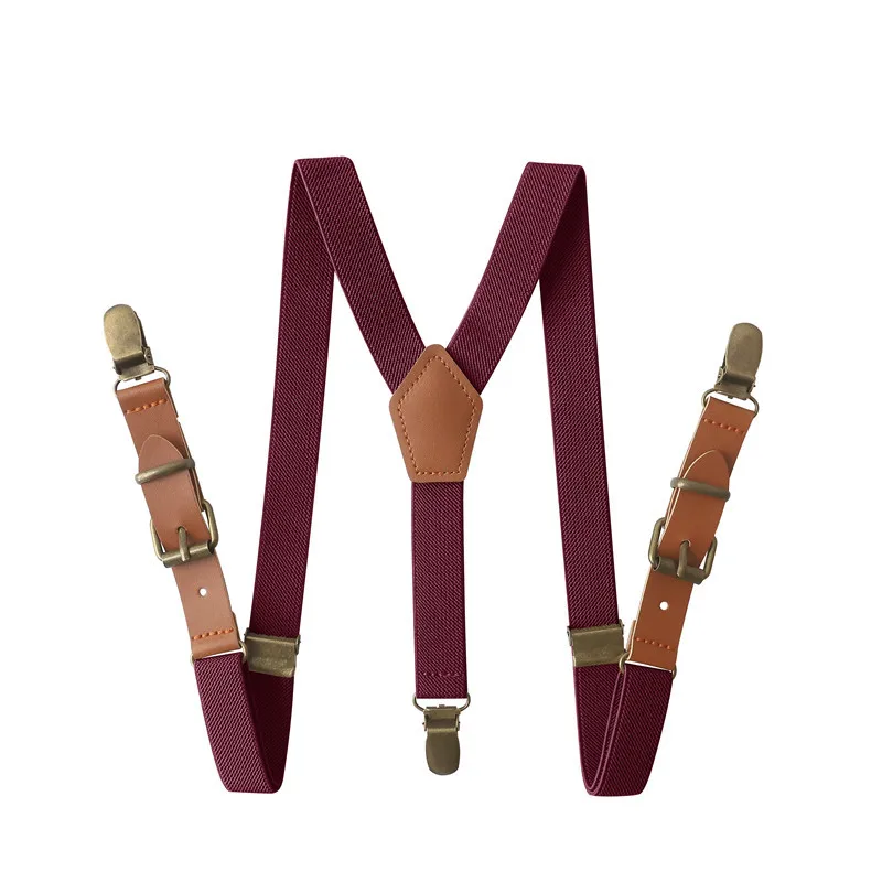 Vintage Brown Leather Alloy 3 Bronze Clips Kid Ring Bearer Vintage Casual Suspenders Western-Style Trousers Boy\'s Braces Strap