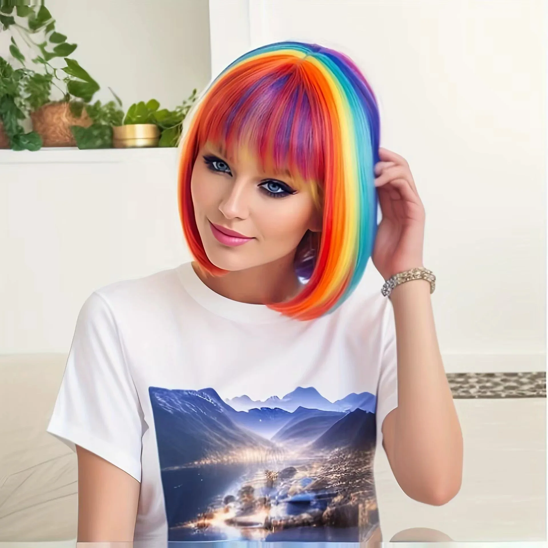 Party dance party synthetic wigs colorful bob hairstyle party Halloween cosplay wigs Coszy bangs rainbow wigs image 3