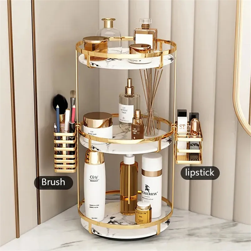 Luxury Gold Bathroom Shelf Marble Countertop Organizer 360 Rotating Cosmetic Storage Box with Lipstick Holder Makeup Brush Rack