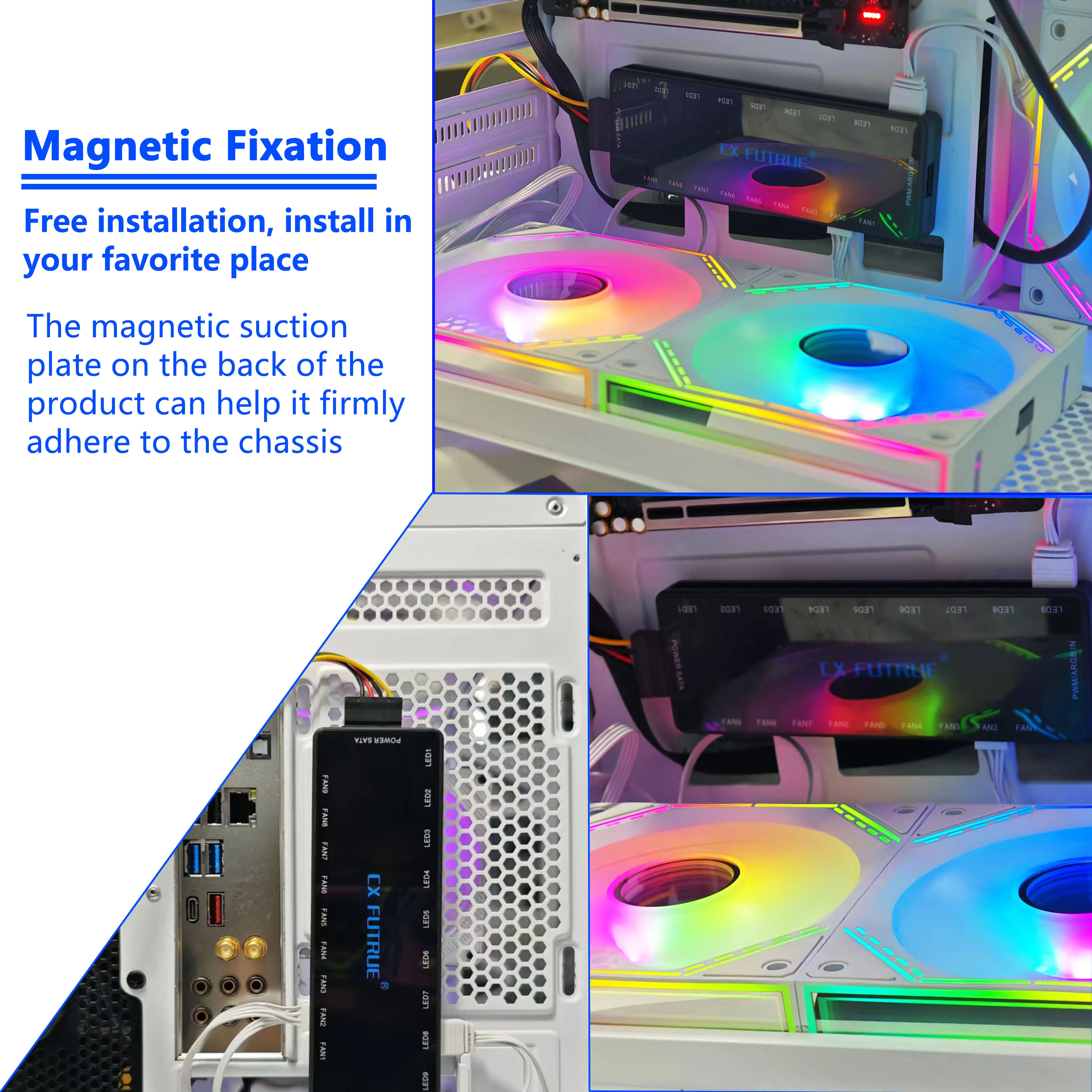 Computer case cooling Fan Hub，9 Sets of ARGB and PWM Interfaces,Bottom magnetic design，Support motherboard synchronization