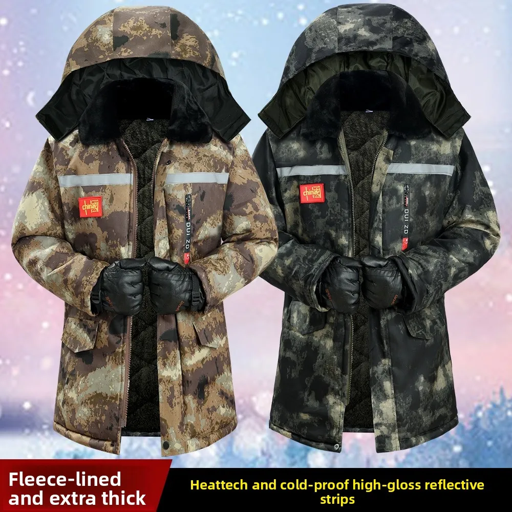

Waterproof Fce Lined Thi Cotton Jaet Men's Mid-Length Camouflage Cotton Coat Cold Resistant Workwear Polyester Fabric