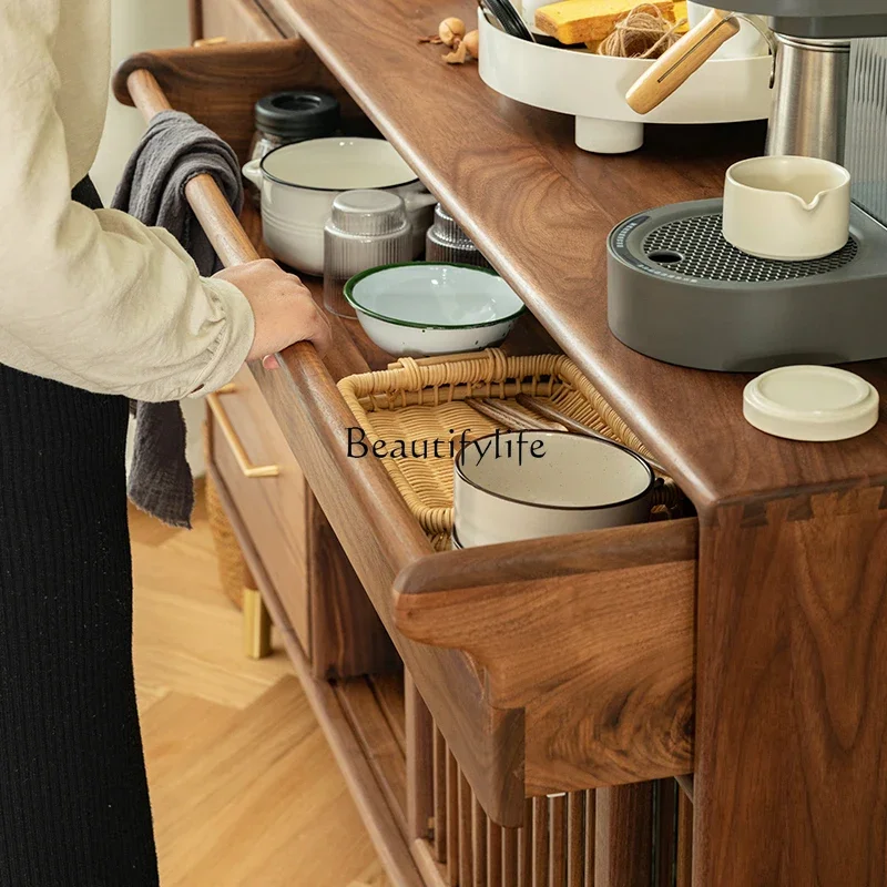 FG40Nordic Solid Wood Black Walnut Wood Sideboard Cabinet Wall Japanese Style Storage Glass Low Cabinet