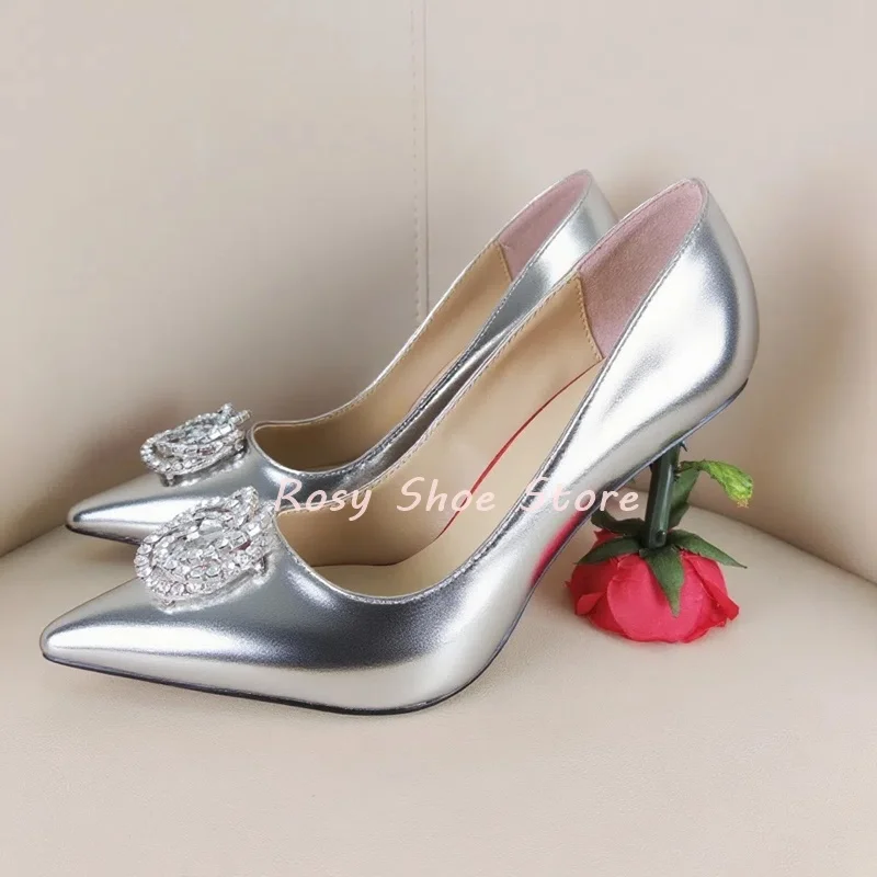 

Multicolor Patent Leather Irregular Diamond Buckle Decor Exquisite Pumps Sexy Pointed Toe Fashion Rose Flower Heel Slip On Pumps