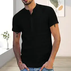Men Summer Shirt Stand Collar Button Short Sleeves Thin Slim Fit V Neck Male Top Garment T-shirt Cotton And Linen Breathable