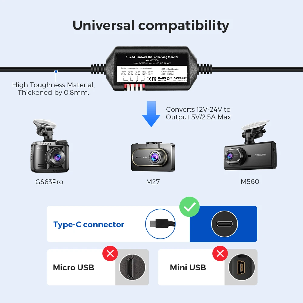 Azdome JYX05 Kit cavo rigido per registrazione DVR per auto con porta di tipo C per M300S/GS63Pro/M27/M560/M580 Protezione a basso vol 12V-24V in 5V2.5A out