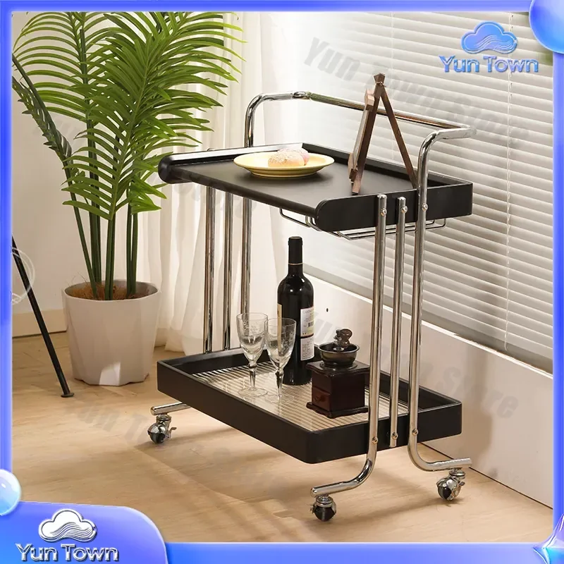 Medieval Style Movable Trolley Side Table for Living Room Bedroom Dining Area Few Shelves Solid Wood Retro Storage Snack Cart
