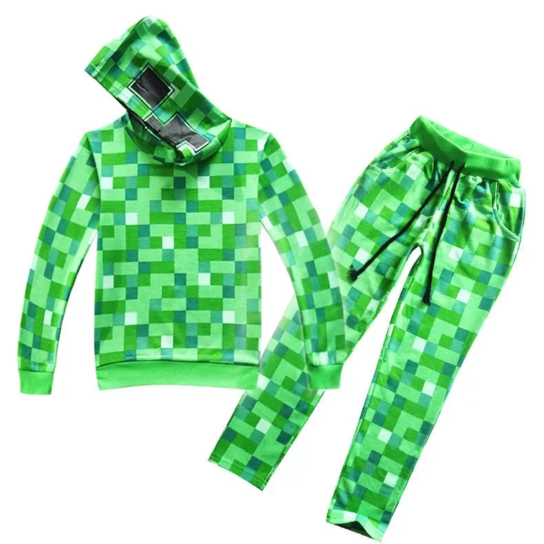 Kids Boys Girls Anime Game Green Check Print Long Sleeves Jacket Pants Trousers Set Outfit Role Play Halloween Cosplay Costume