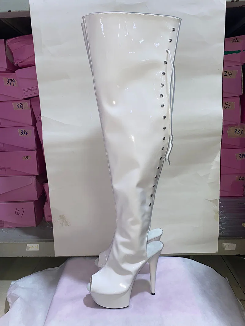 6Inch thin high heel Plus Size 12 Exotic Over The Knee Boots 15cm platform open toe women Lace Up stripper heels boots leather