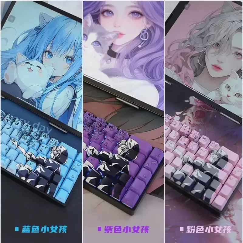 129 Raven Sakura Keycap Anime lucu Keycap Double Shot Sidelit bersinar melalui PBT Keycap untuk MX Keyboard mekanis
