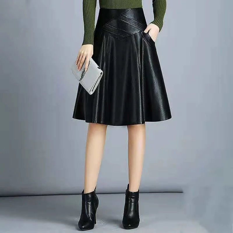 Women Indie Folk Knee Length Korean Pleated Leather Skirts High Waist Sheepskin A-Line Skirt Elegant Solid Office Lady Clothing