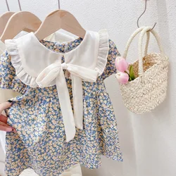 Cute Short Sleeve Baby Girls Floral Dress 2024 Summer Sweet Ruffles Peter Pan Collar Bow Princess Dresses for Party 2-8Years Old