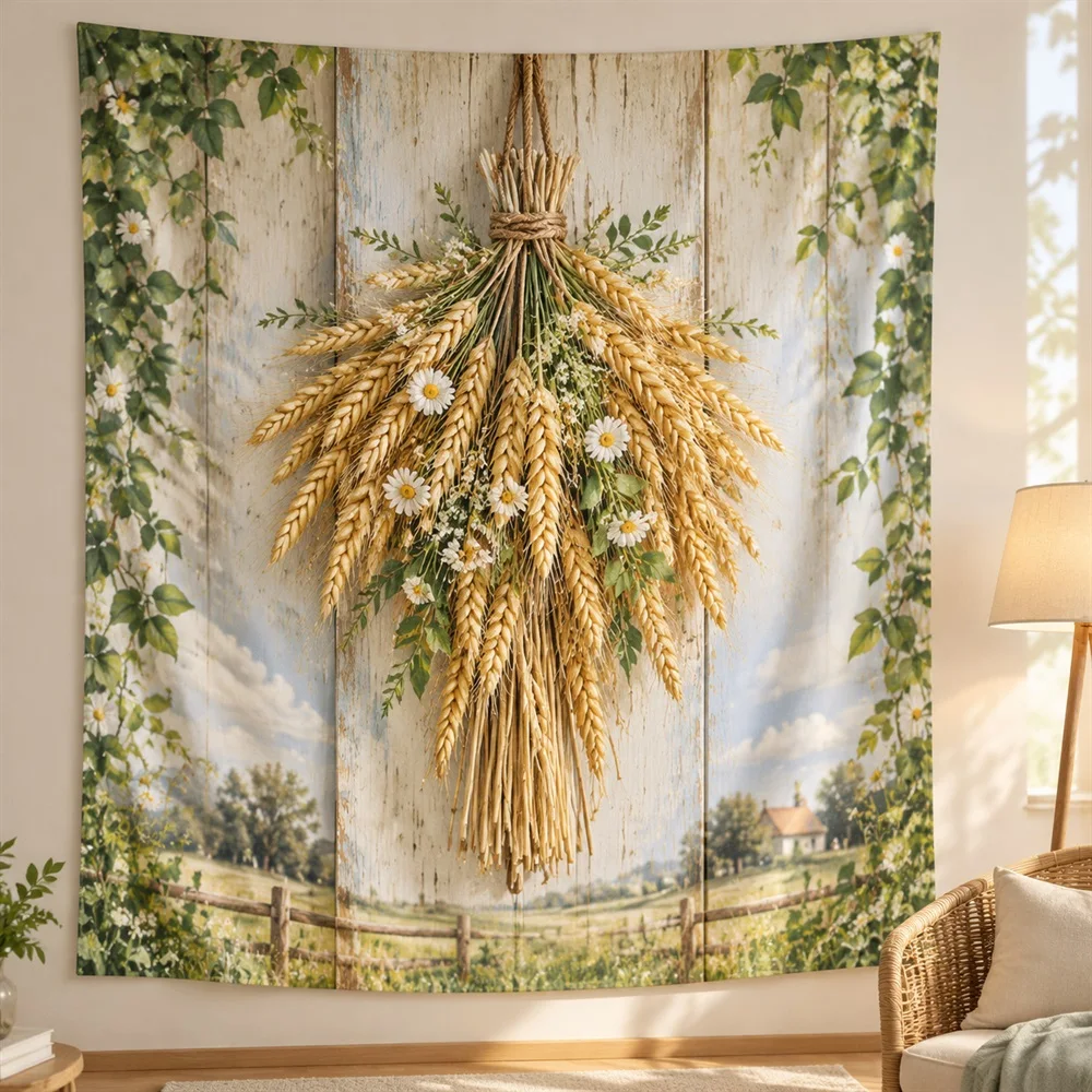 VIKAMA Wheat Bundle Twine Tapestry Wall Hanging, Farmhouse Wall Art Tapestries for Living Room Bedroom Entryway Dining Room
