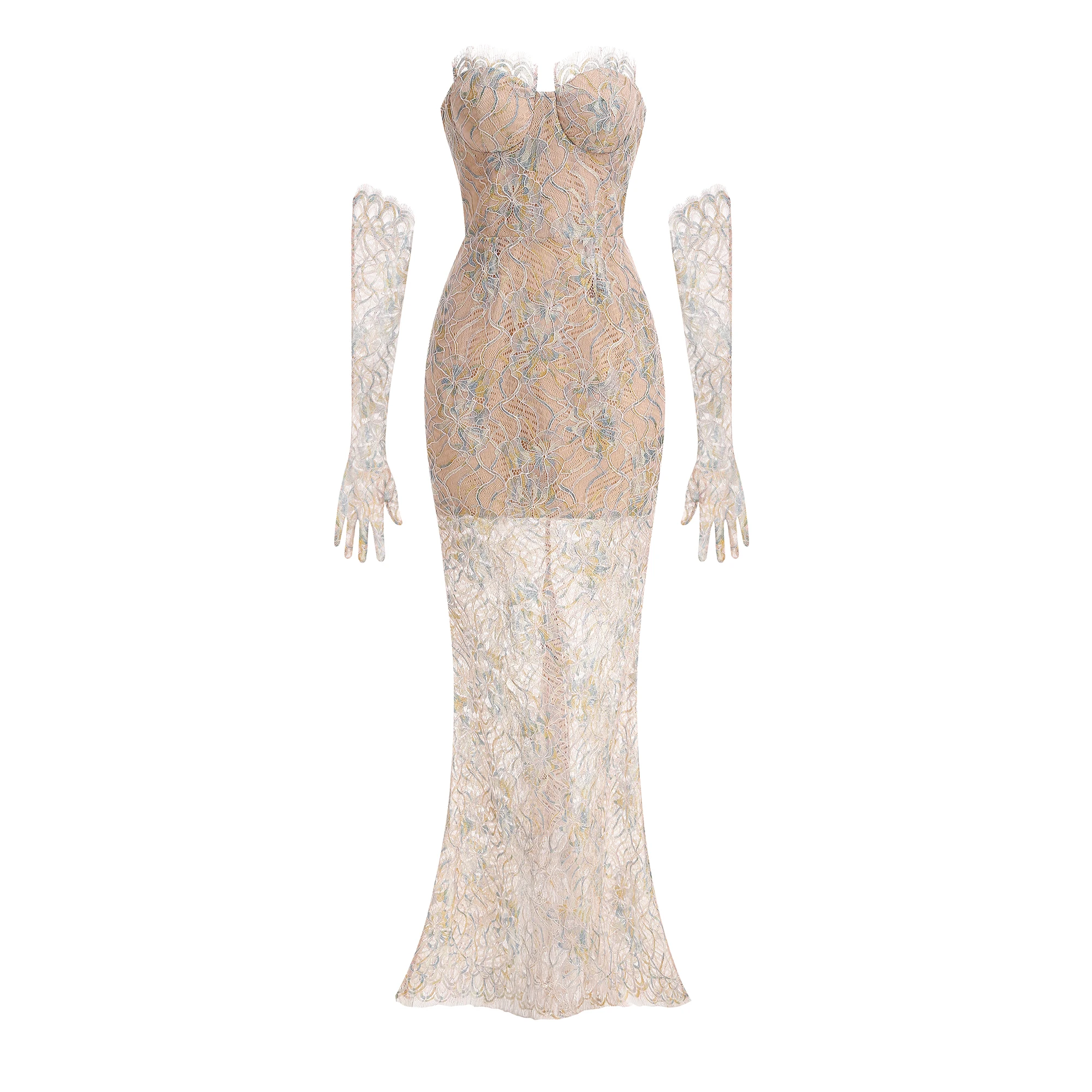 

New Sexy Black Lace Women's Party Dress with Gloves Decoration Long Fish Tail Evening Gown Tie Dresses