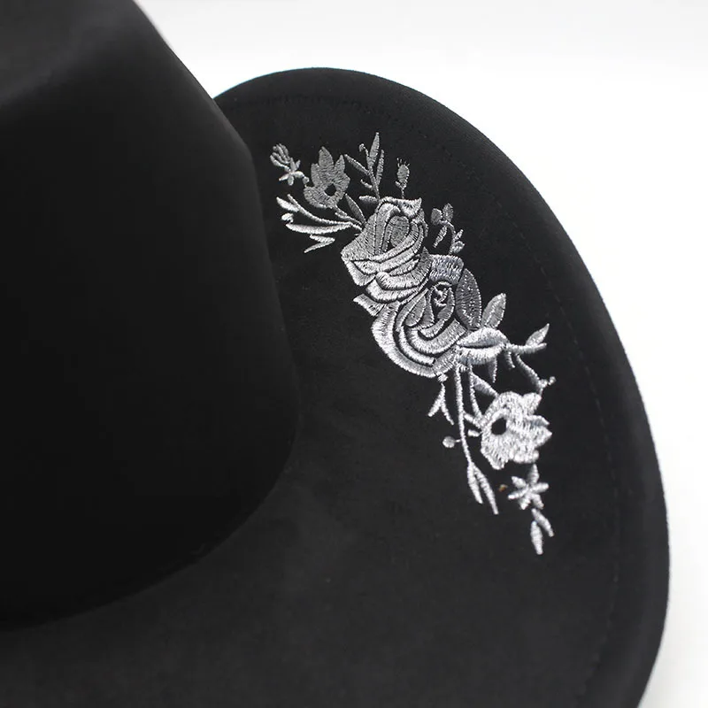 Ganzjahres-Fedora im Cowboy-Stil für Damen – Baumwoll-Poly-Mütze (57–58 cm) mit gebogener Krempe und 3D-Blumenstickerei – Detail 5