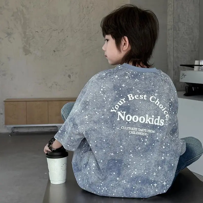 2026 New Boys' Summer Starry Sky Tie Dye Short Sleeve T-Shirt Pure Cotton Stylish Boys' Tops Trendy Summer Wear