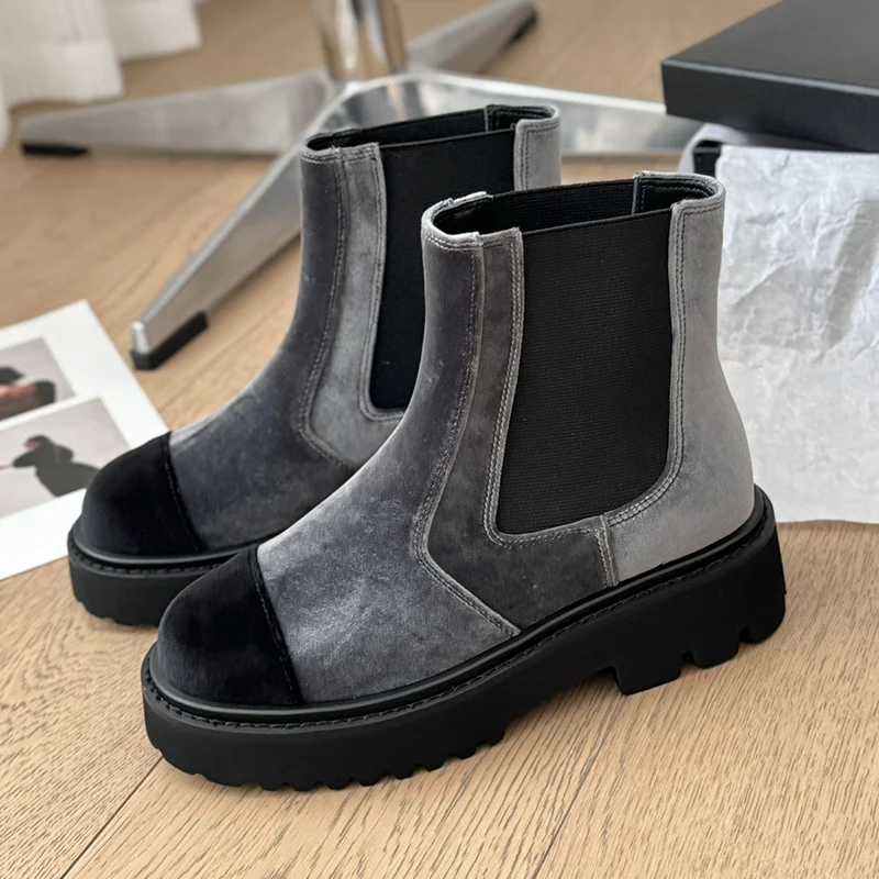 2024 Autumn Winter New Thick Sole Elastic Band Short Boots Women Cow Leather Round Toe Classic All Match Chelsea Boots Handmade