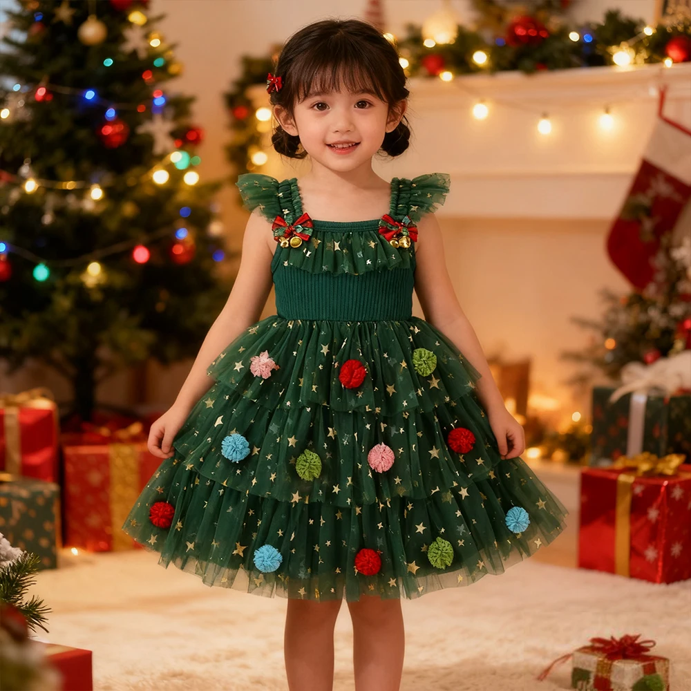 Christmas Kids Layered Dress Baby Girl Clothes Toddler Star Ball Gown New Year Dress For Girls Party Dresses Tulle Evening Dress