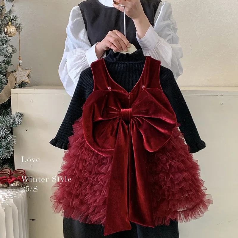 

Girls New Knitted Top Sleeveless Velvet Bow Puffy Princess Dress