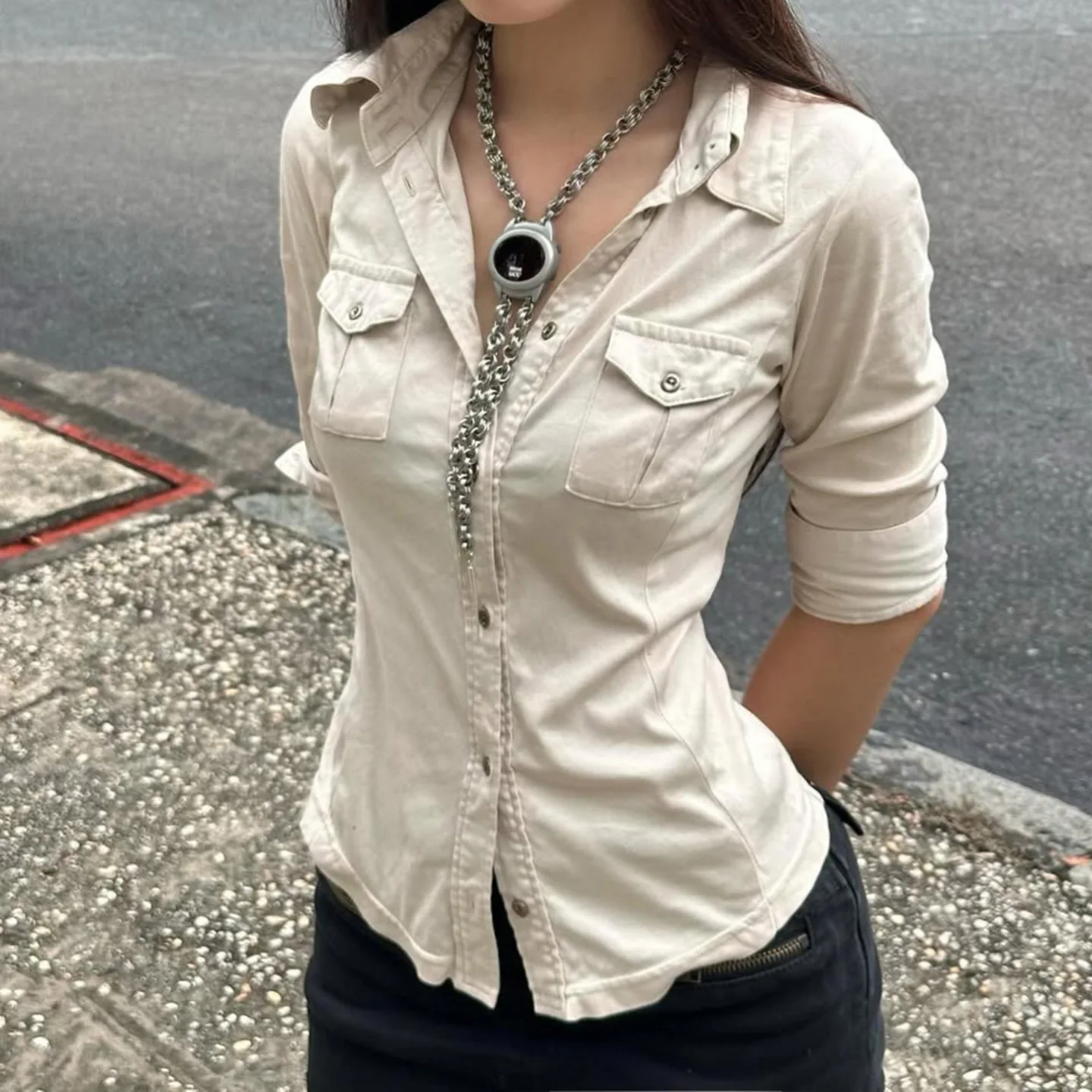 Y2K الشارع نصف كم المرأة تي شيرت ملابس العمل نمط زر حتى جيوب محبوك تي شيرت Harajuku الرجعية الكورية القمم