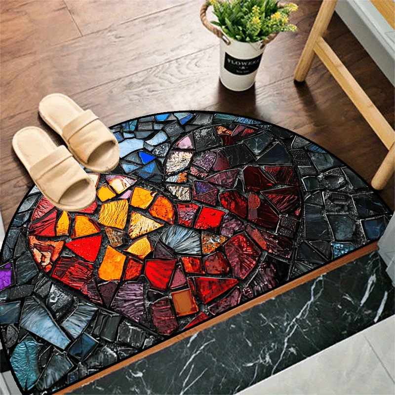 Romantic Red Heart Stained Glass Design Half Moon Entry Mat Eye-Catching Non-Slip Welcome Rug for Gift