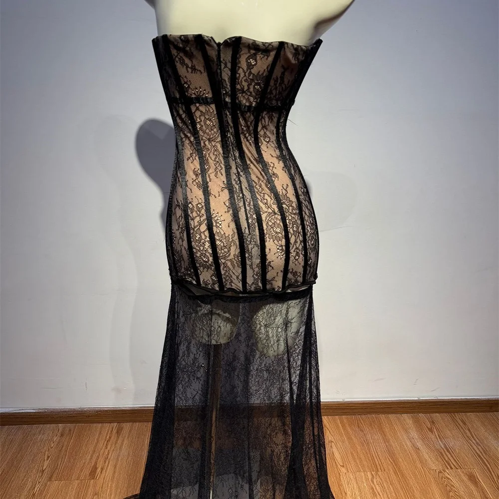 ชุดเดรสลูกไม้ผู้หญิงสำหรับฤดูร้อนปี 2026, ชุดเดรสคอร์เซ็ตลูกไม้เสริมโครง, ชุดเดรสเกาะอกเซ็กซี่สำหรับผู้หญิง, ชุดเดรสทรงบอดี้คอนแฟชั่นใหม่สไตล์ Y2K สำหรับงานปาร์ตี้