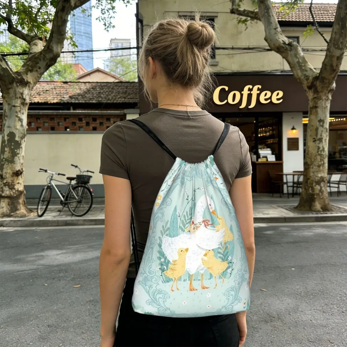 Duck Mom And Ducklings Cartoon Backpacks Portable Drawstring Bags Sports Bag Book Bags for Man Woman Students