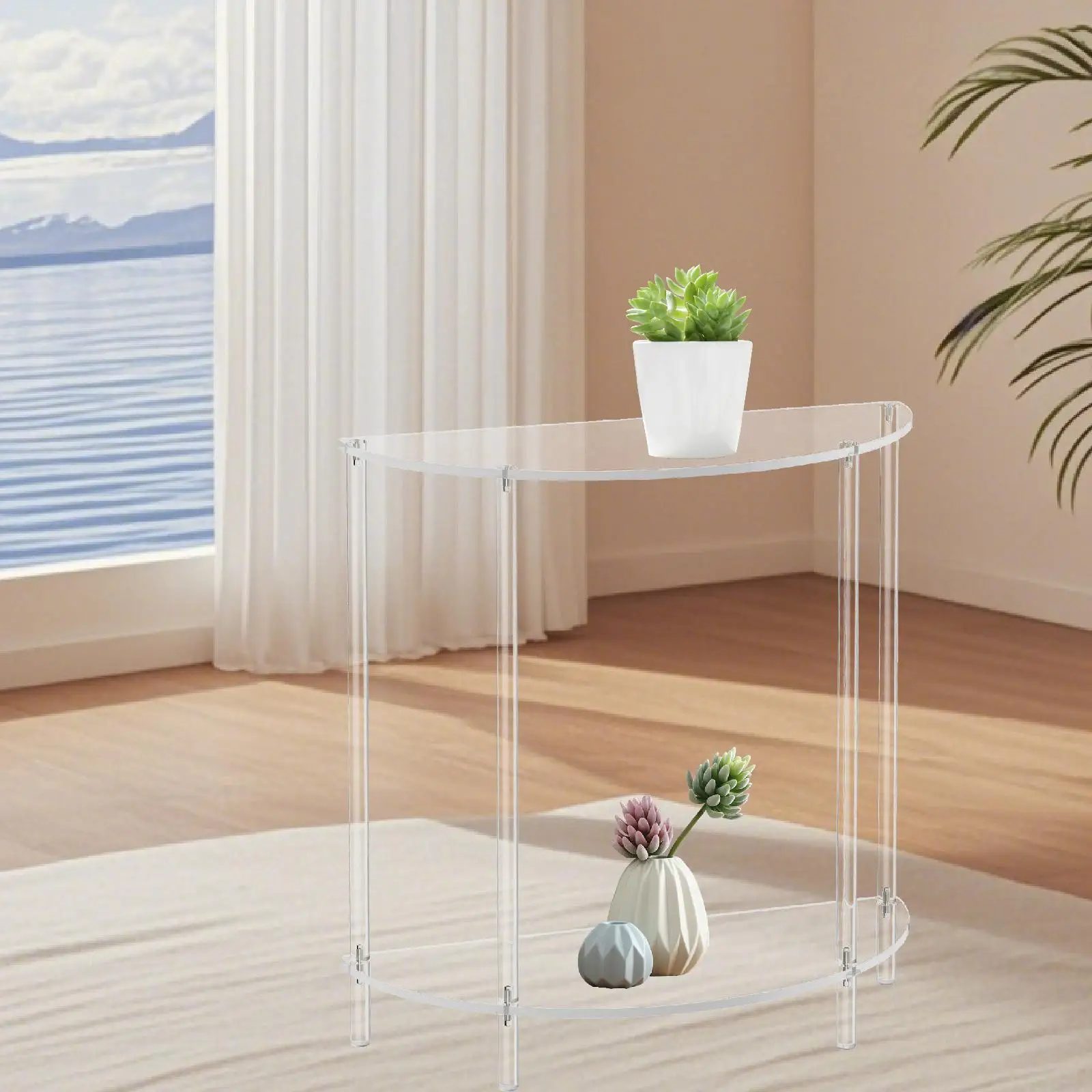 2 Layers Acrylic Nightstand Semi-Oval Wall-Side Table Kids Bookshelf Metal Book Rack Storage Organizer Stand Display Holder