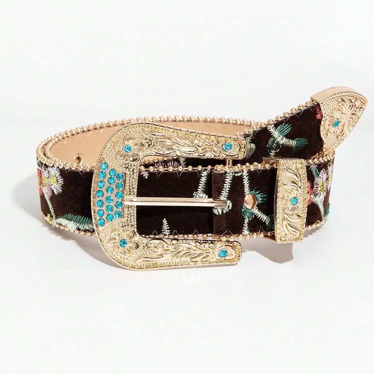 1pc women's Bohemian style vintage embroidered carved golden buckle belt, suitable for casual gatherings