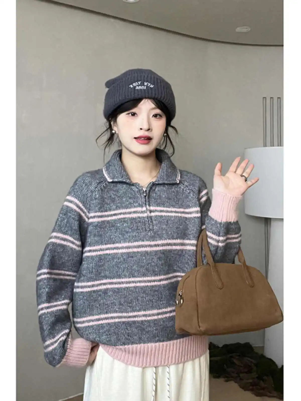 Striped Contrast Color Turn Down Collar Sweater Women Simple Long Sleeve Half-Zip Design Pullovers Lady Casual Knitwear