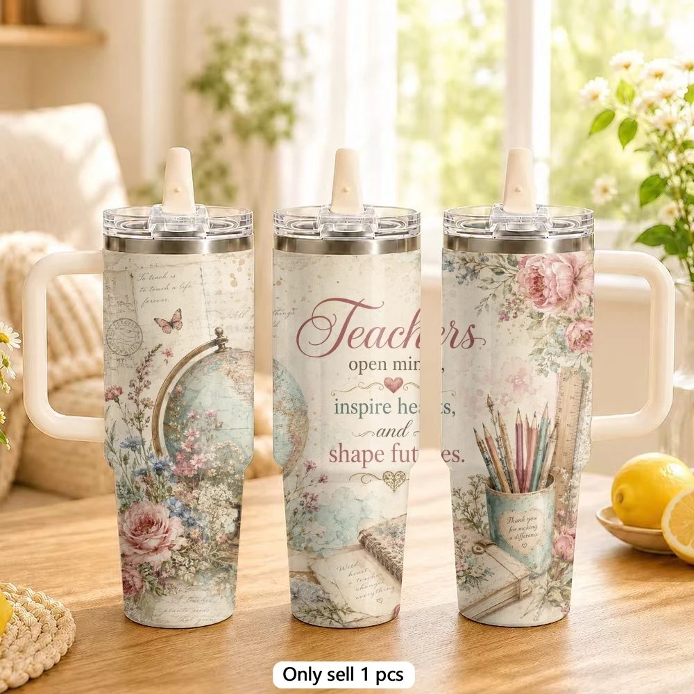 Retro-style library Vacuum Flasks 40oz Vacuum Insulated Travel Mug with Straw & Handle | Stainless Steel Leakproof Tumbler