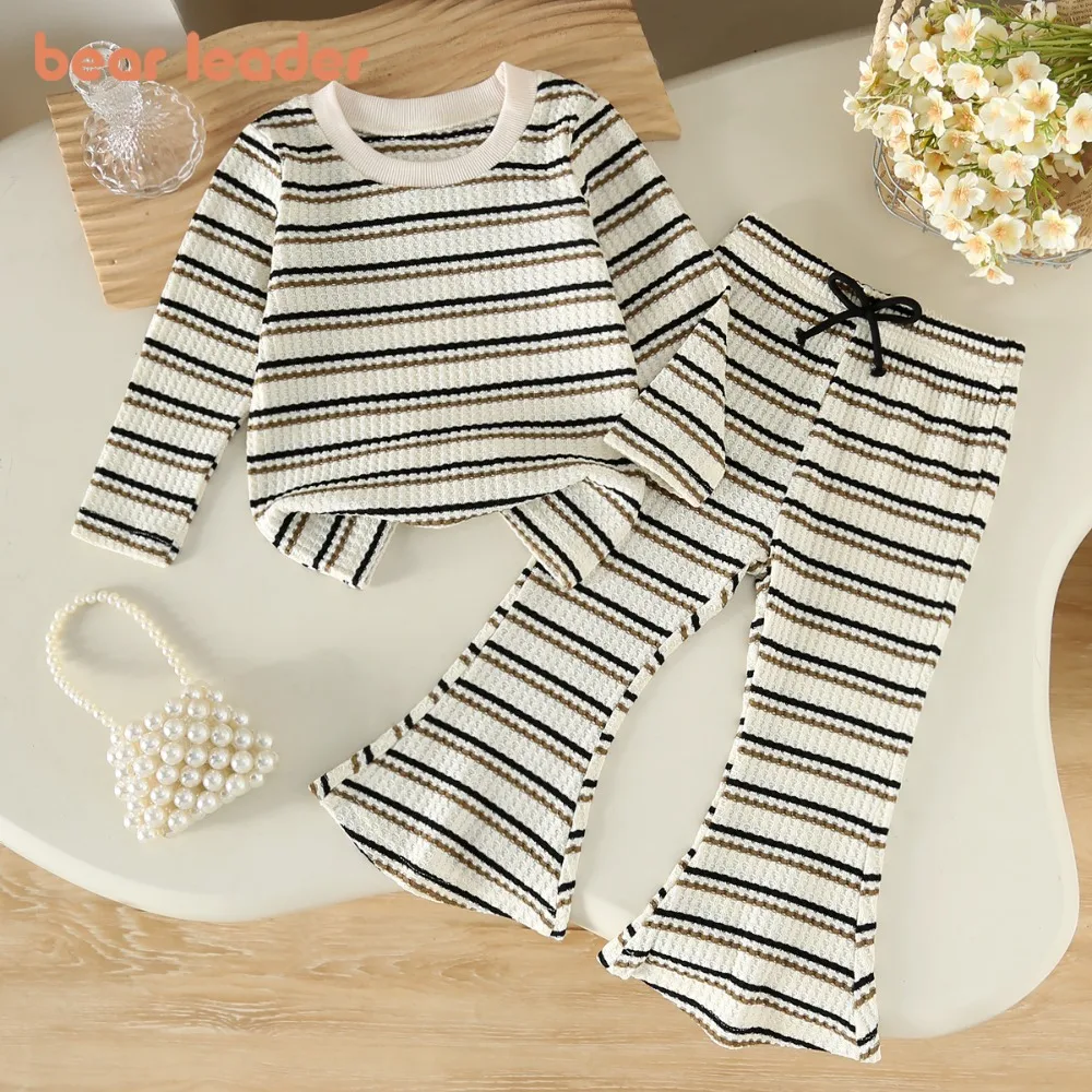 Bear Leader Autumn Fashion Baby Girls Clothes Striped Round Neck Long Sleeved Top+Micro Flared Pants Children's Two-piece Set