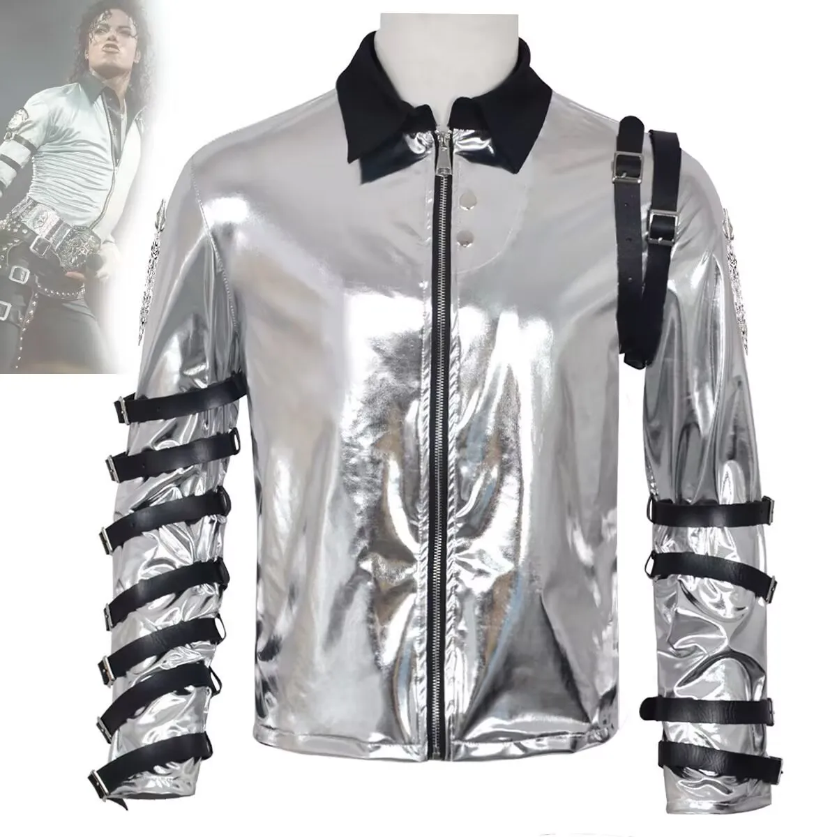 

Impersonator Michael Jackson Costumes Jacket BAD tour Silver Bodysuit Jacket Outerwear Retro Rock Star Stage Performance Coat