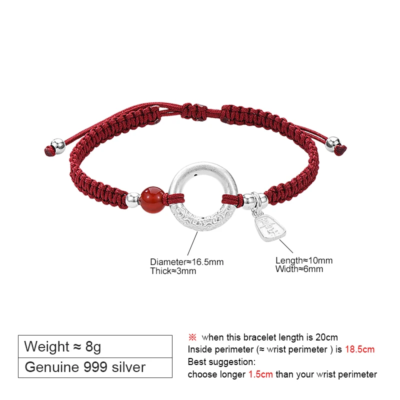 ZABRA999 Sterling Silver Joy Peace Buckle Bracelet for Women, Fashionable, Zodiac Year Red Bracelet