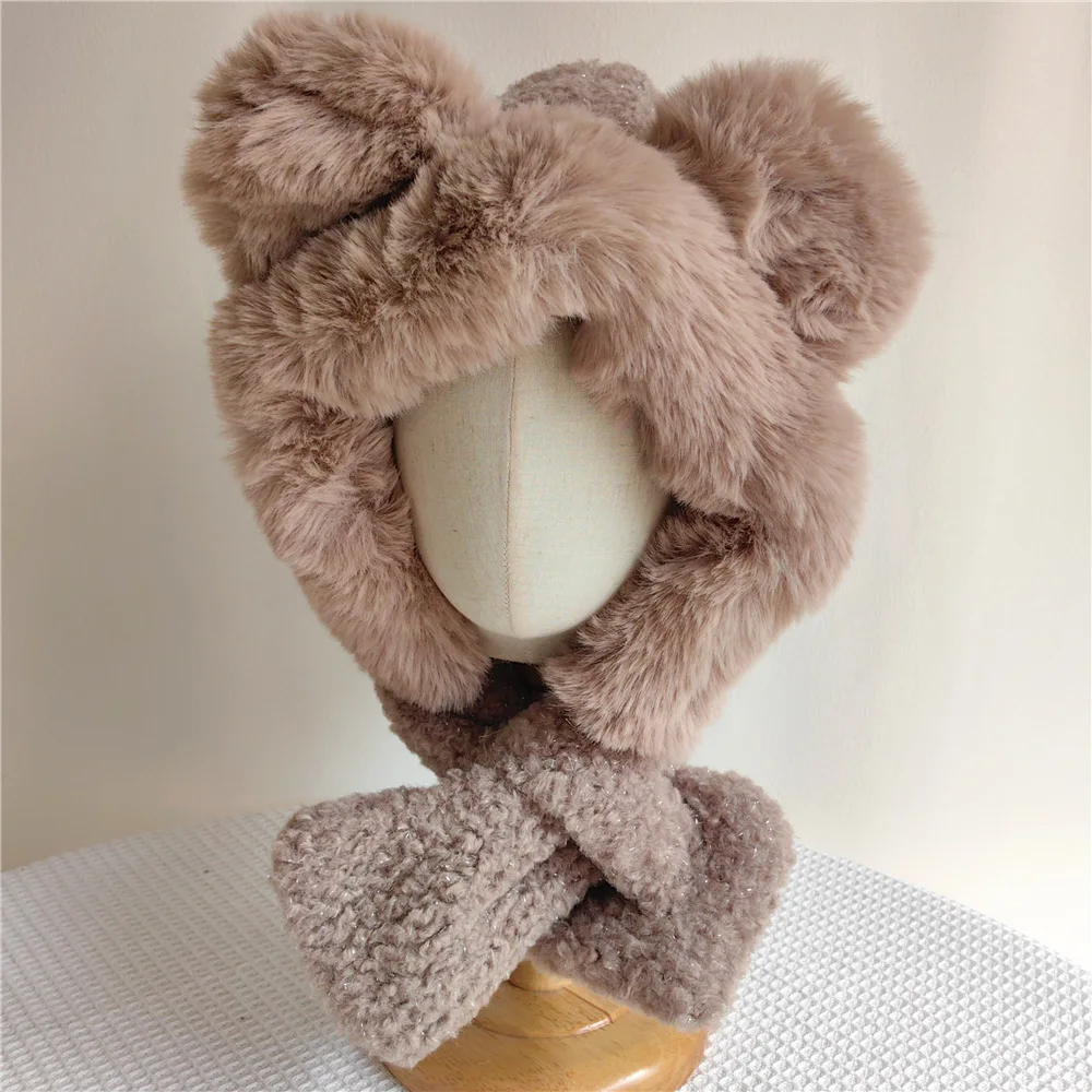 Conjunto de cachecol e chapéu de urso espesso feminino, pelúcia kawaii, tudo em um com capuz, boné de proteção de orelha, quente, inverno