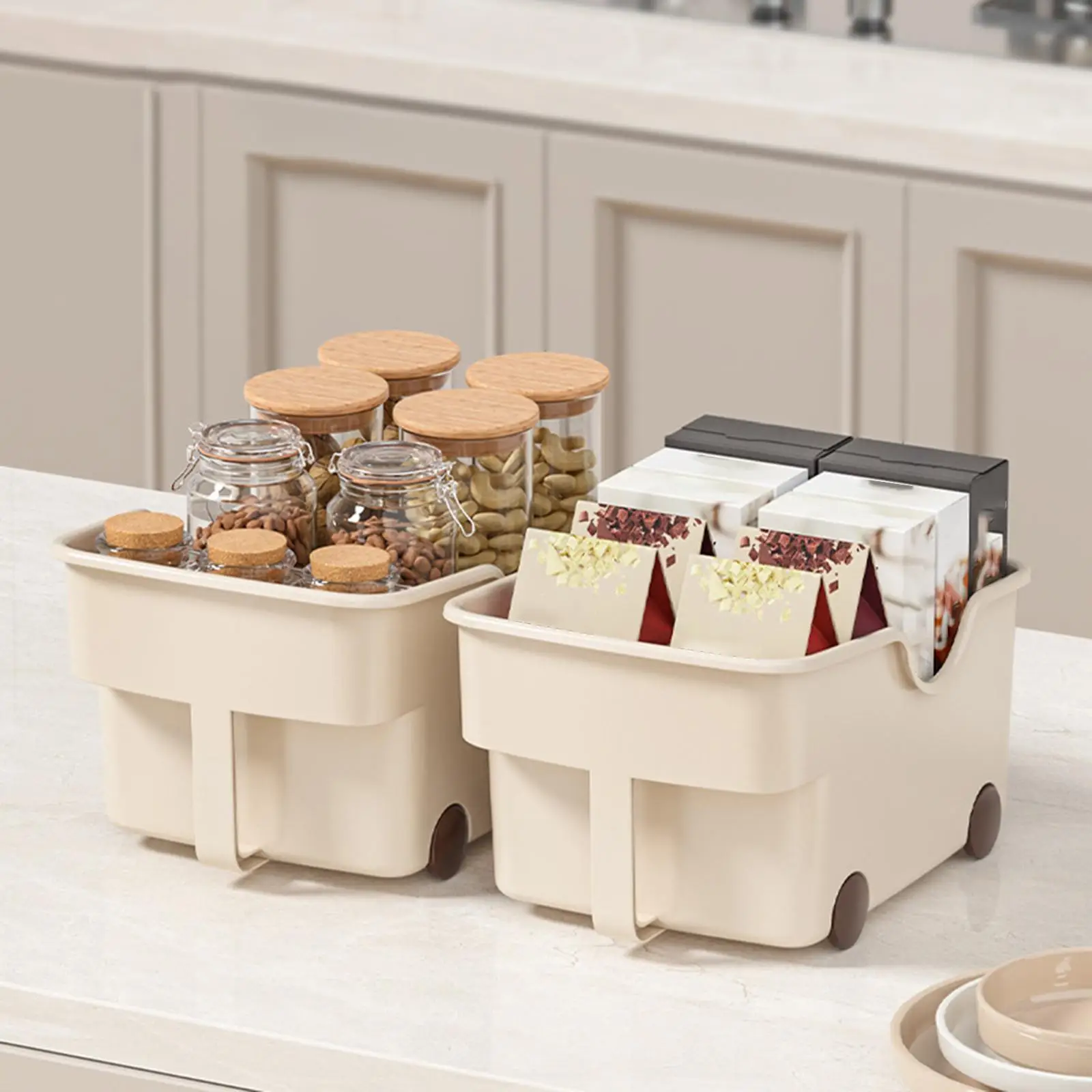 2Pcs Kitchen Cabinet Organizer Storage Bin Multipurpose Desktop Organizer Storage Box on Wheels for Kitchen Fridge Pantry