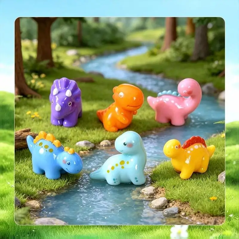 6Pcs Cute Mini Dinosaur Resin Figurine Set Cartoon Ornament DIY Accessory For Micro Landscape Phone Case Fridge Decor Kit