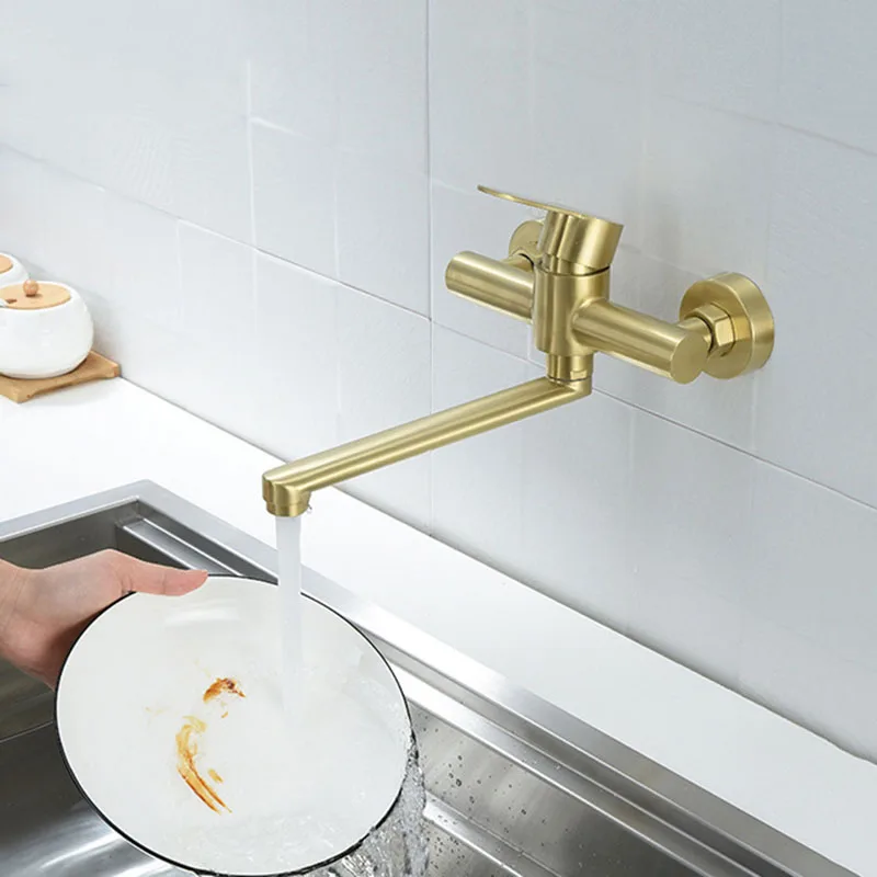 Brushed Gold 304 Stainless Steel Kitchen Sink Faucet Wall-mounted Single Handle Rotate Hot And Cold Kitchen Faucet Nickel