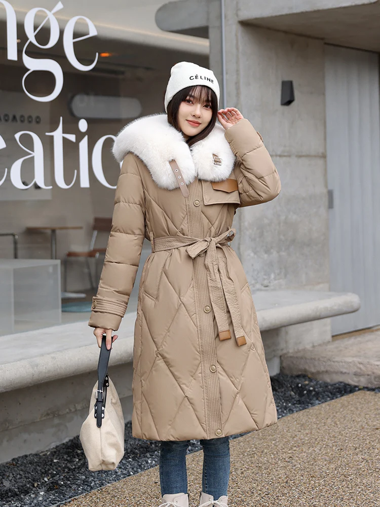 Vielleicht Casaco acolchoado com cinto para mulheres, colarinho de pele grande, algodão, acolchoado, longo, quente, parkas de neve, roupas, novo,